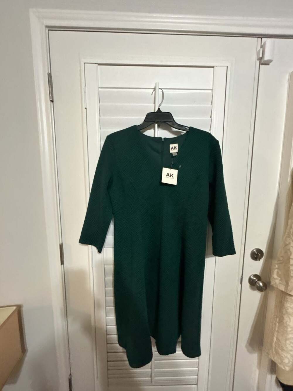 Anne Klein Women's Green Textured V-Neck 3/4 Sleeve A-Line Dress